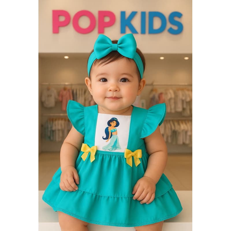 Jardineira Romper vestido salopete Bebê Menina Body Temático Festa Mesversário Princesa Jasmine Aladdim gênio da lâmpada
