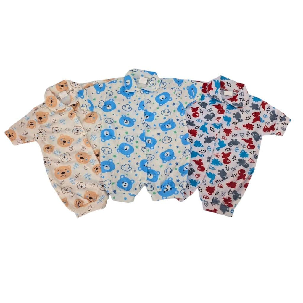 Macacão Bebê Verão KIT COM 3 Malha Canelada Estampada