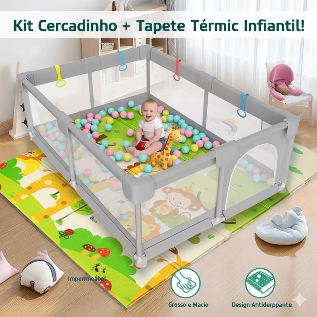 Cercadinho Bebê Chiqueirinho Infantil Cercado grande 180x150 Portátil Dobrável + Tapete Infantil Emborrachado Dupla Face