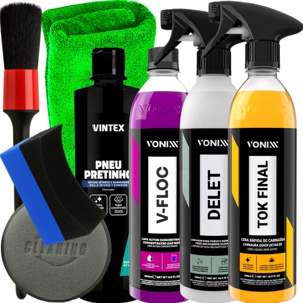 Kit Completo Vonixx Limpa Pneu Delet Shampoo V-Floc Pneu Pretinho Cera Tok Final Pincel Pano Aplicadores