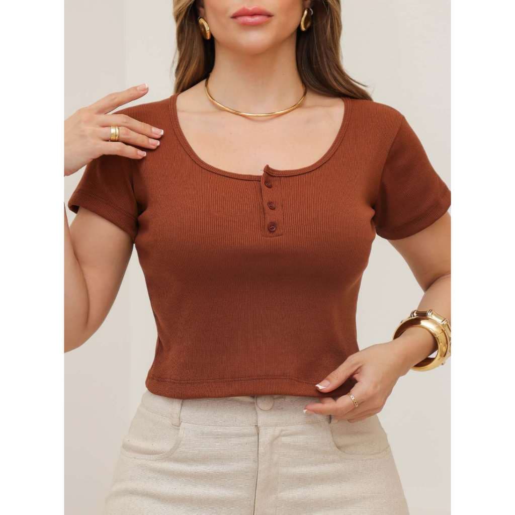 Blusinha Croped algodão com 3 botões feminino casual elegante