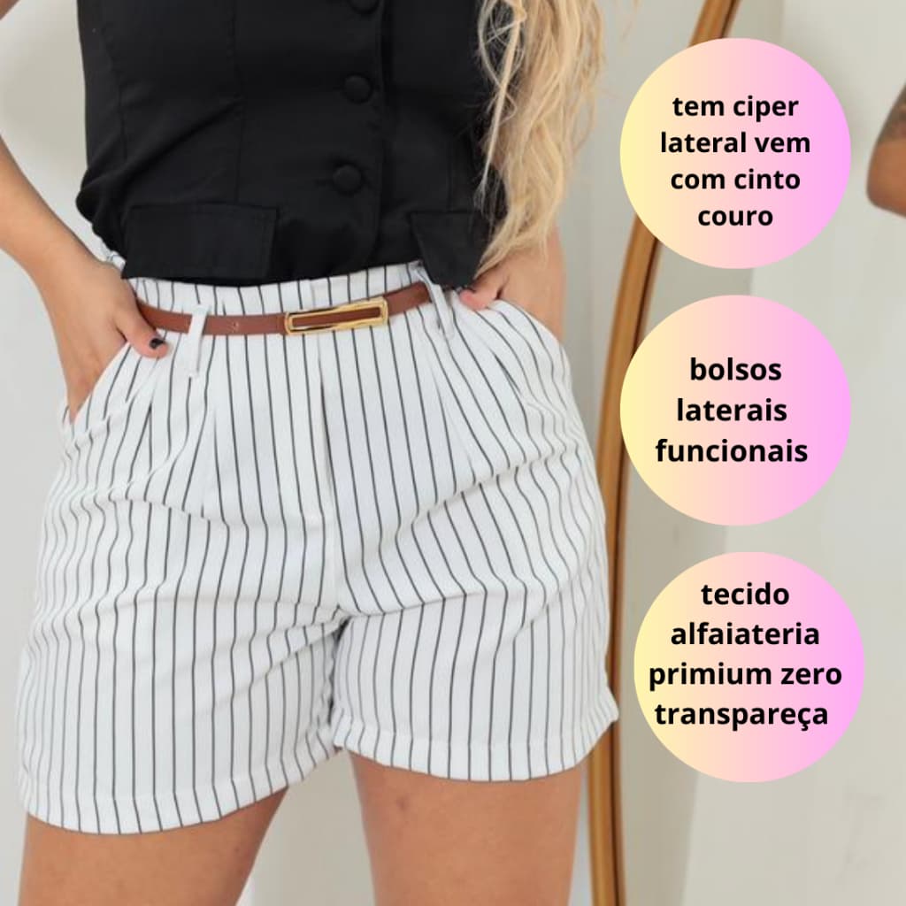Short Alfaiataria feminino risca de giz  com cinto bolso e zíper na lateral cintura alta verão  2026