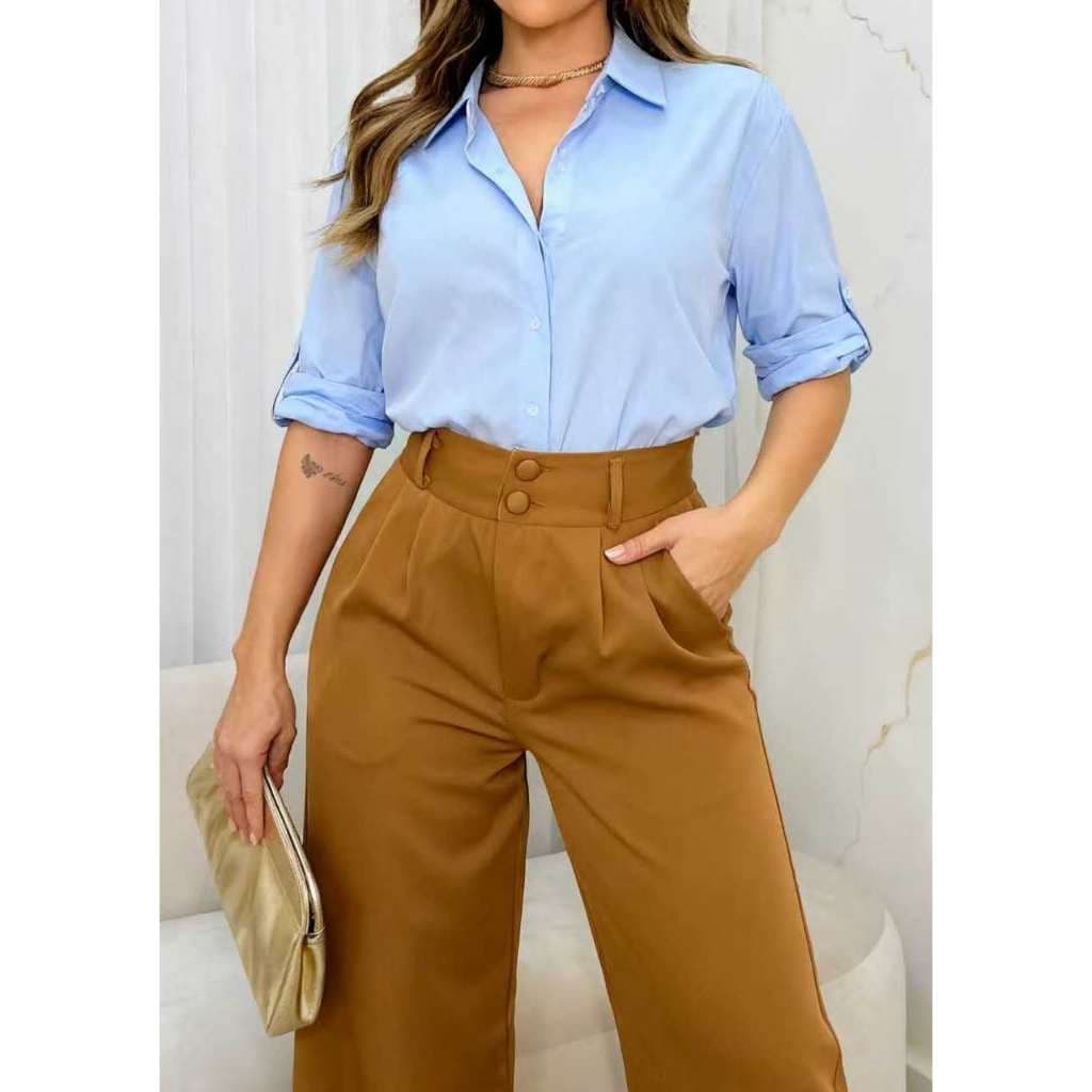 calça feminina reta，de alfaiataria，pantalona elegante，cintura alta，versátil para trabalho e casual