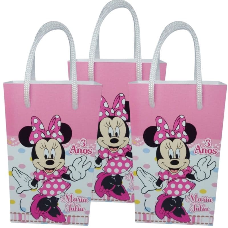 Sacolinha Personalizada Minie Rosa para lembrancinha festa de aniversário/ Papel Fotográfico