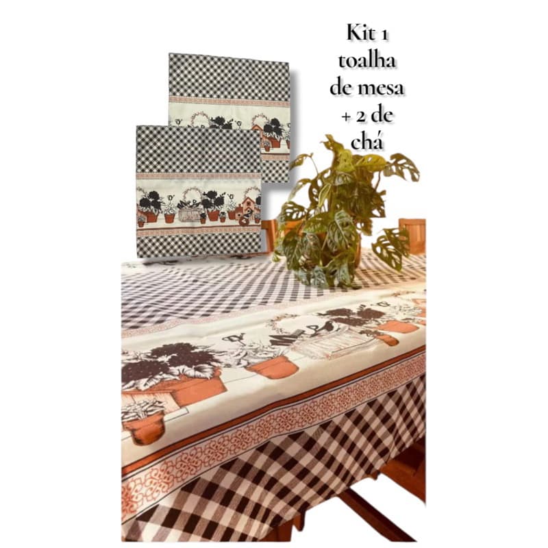 Kit toalha de mesa 2, 4, 6, 8, e 10 lugares + 2 toalhas de chá 0,70 x 0,70. Xadrez marrom.