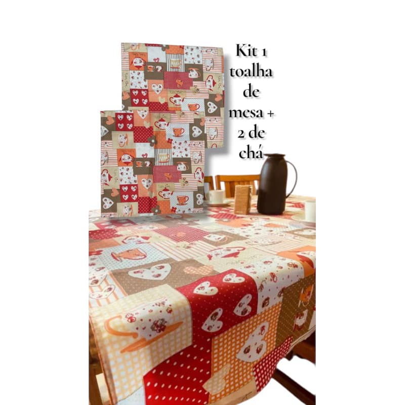 Kit toalha de mesa 2, 4, 6, 8, e 10 lugares + 2 toalhas de chá 0,70 x 0,70. Bule/Coração.