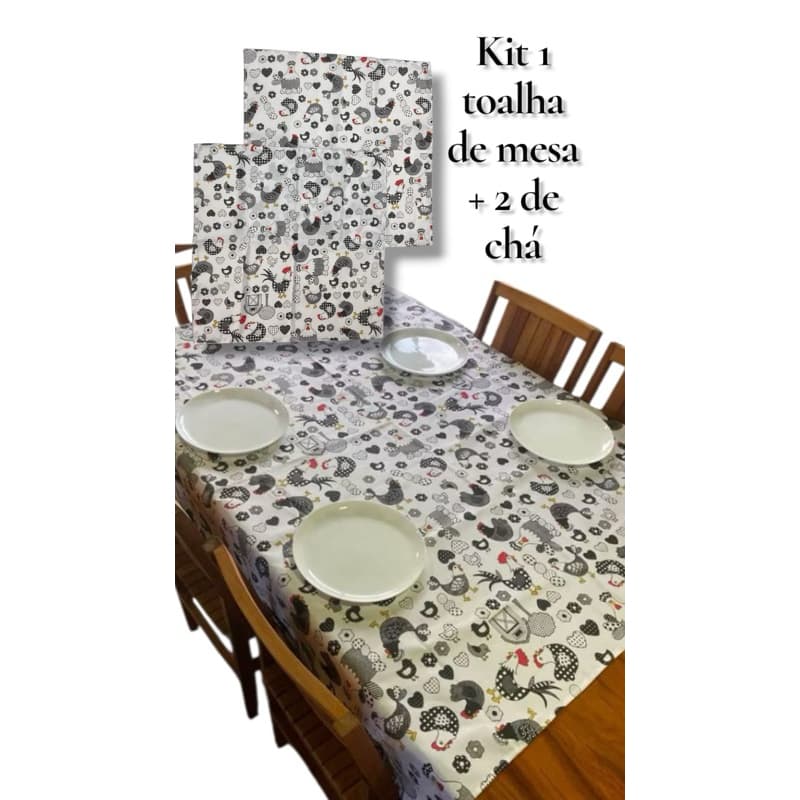 Kit toalha de mesa 2, 4, 6, 8, e 10 lugares + 2 toalhas de chá 0,70 x 0,70. Galinhas f/ branco.