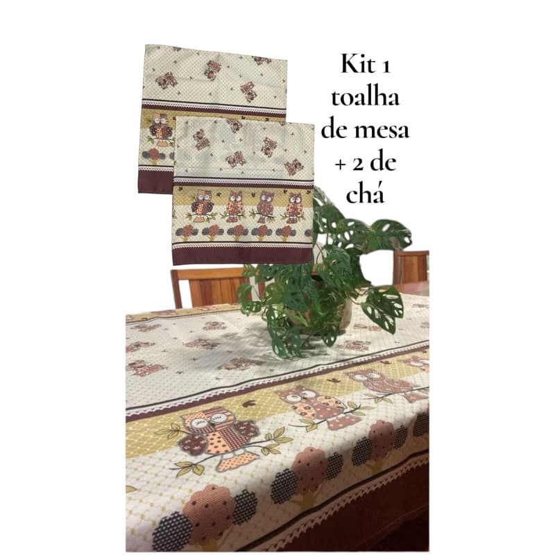 Kit toalha de mesa 2, 4, 6, 8, e 10 lugares + 2 toalhas de chá 0,70 x 0,70. Coruja marrom.
