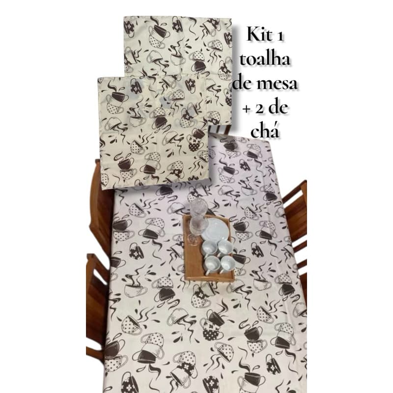 Kit toalha de mesa 2, 4, 6, 8, e 10 lugares + 2 toalhas de chá 0,70 x 0,70. Xícara de café marrom.