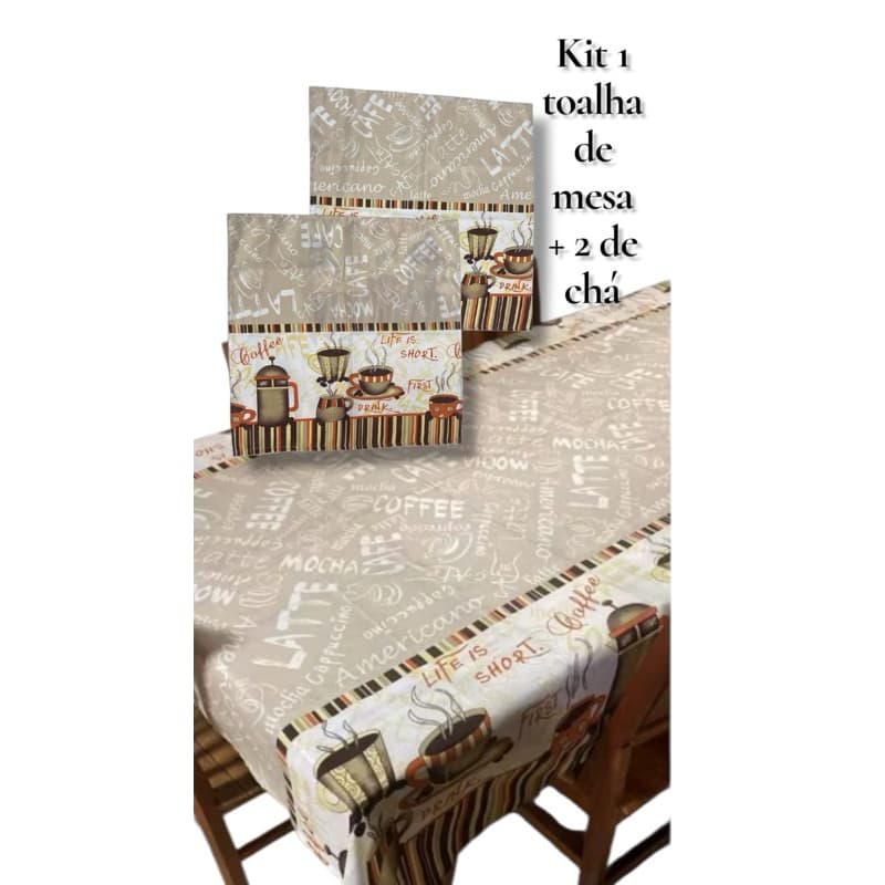 Kit toalha de mesa 2, 4, 6, 8 e 10 lugares + 2 toalhas de chá 0,70 x 0,70. Coffe bege.