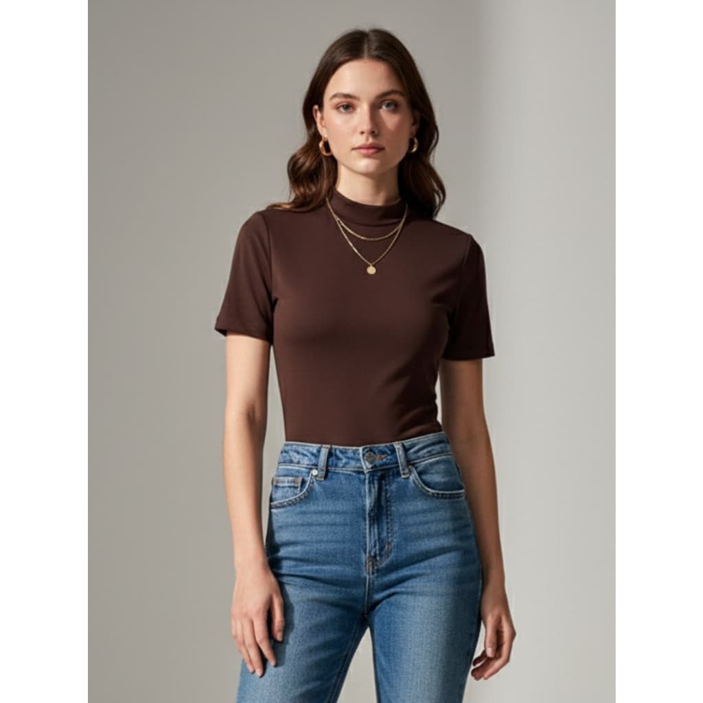 Blusa Gola Alta Feminina Casual Versátil Dia a Dia Elegante Sofisticada Manga Curta em Suplex