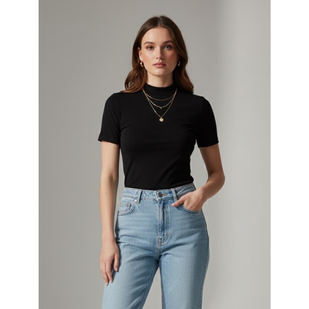Blusa Feminina Casual Dia a Dia Gola Alta em Suplex Manga Curta Versátil Estilosa
