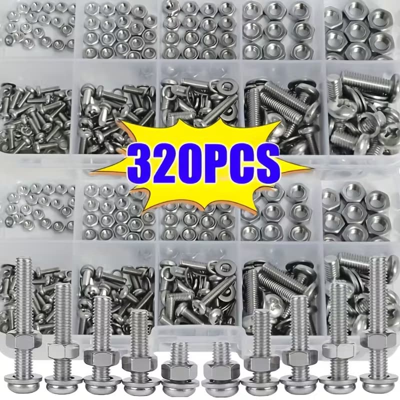 Conjunto de 320/380 peças de porcas e parafusos métricos hexagonais - M2, M2.5, M3, M4, M5 Parafusos e porcas