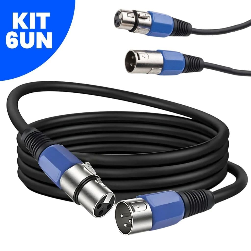 Kit 6 Cabos 10m Xlr Cannon Macho Femea Balanceado Compativel Microfone Instrumento Caixa Mesa de Som Audio Profissional