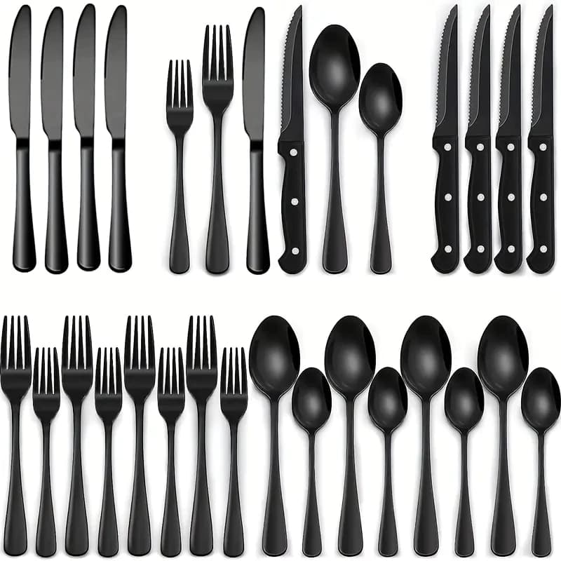 Kit 24 Jogo De Talheres Para Bife Aço Inoxidável 416 Preto Com Colher Pequena
