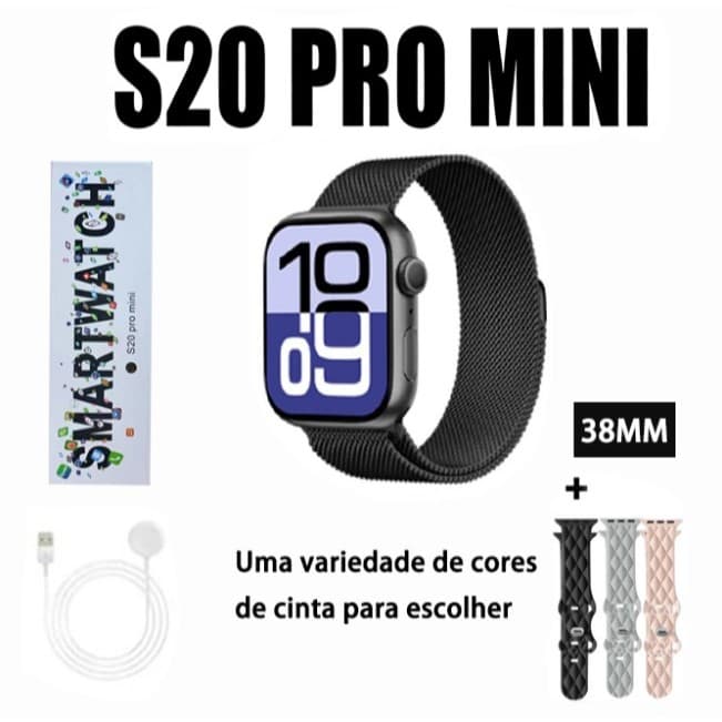 Relógio Novo Smartwatch S20 PRO MINI 38MM Série 10 Bluetooth Call Cardíaca Monitoramento NFC GPS Chat GPT