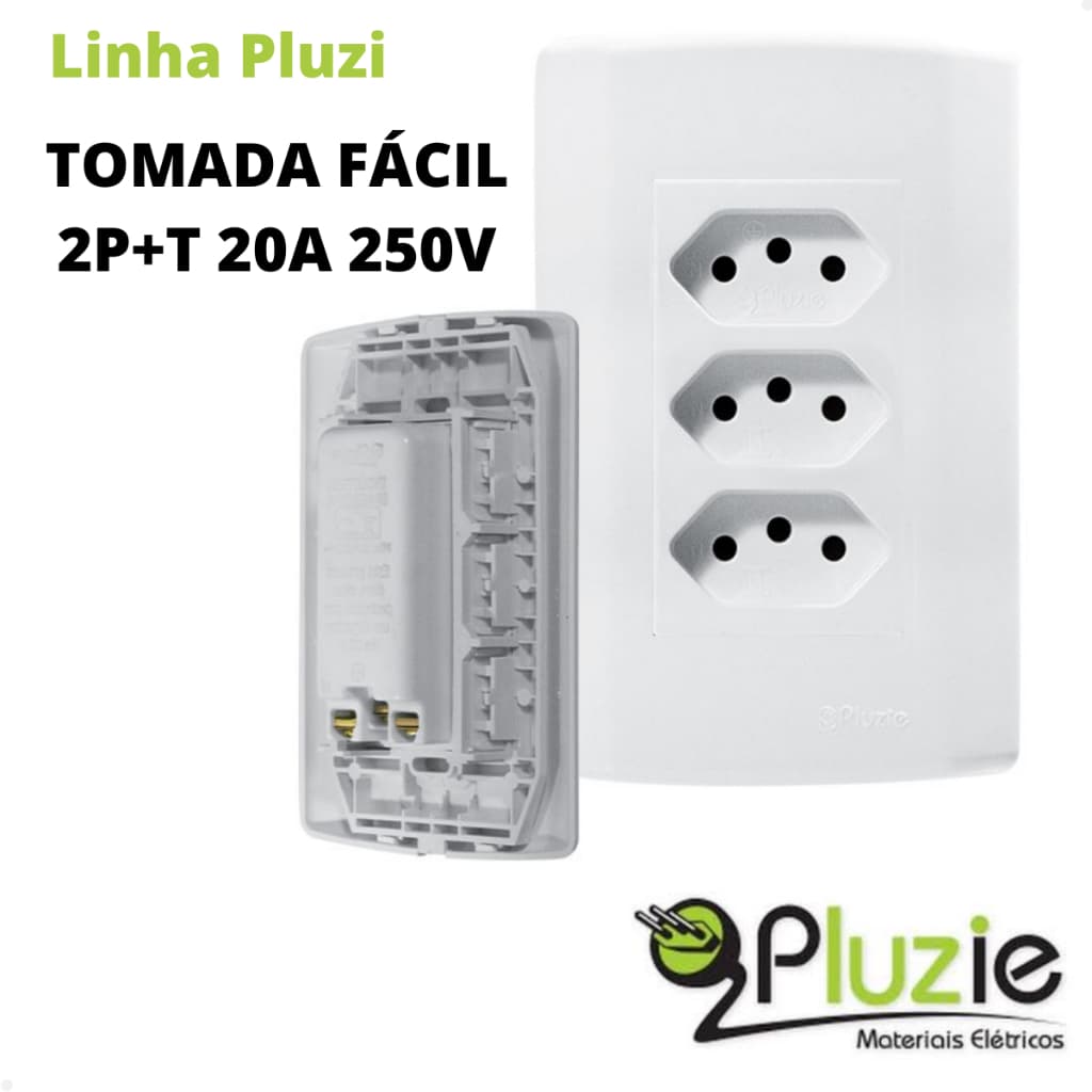 Tomada Tripla 20a Monobloco Modular Cor Branca Fácil Instalação 4x2 Pluzie - Monte seu Kit