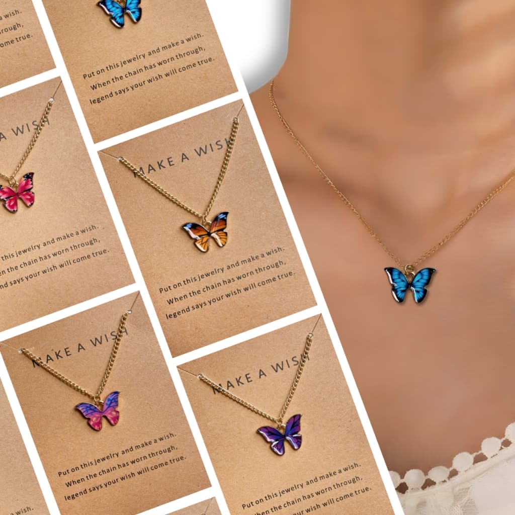 Colar Feminino Com Pingente de Borboleta Várias Cores Corrente Dourada e Prata Moda Para Mulheres