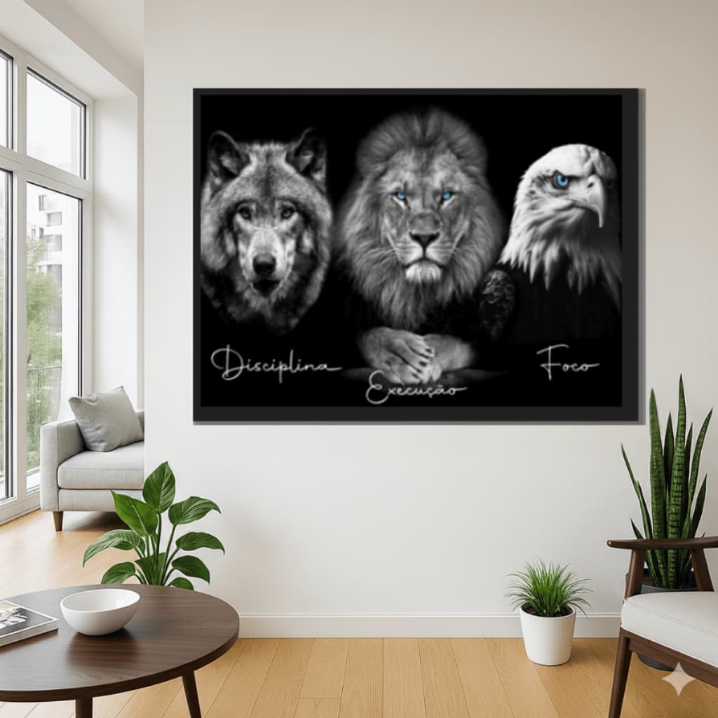 Quadro com VIDRO e Moldura Premium Decorativo Águia Leão Lobo Decorativo Sala Escritório  Gran 90X60