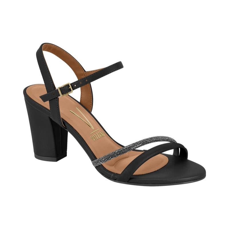 Vizzano Sandalia Feminina Salto Medio Tira Strass Brilho Preto Camel Creme