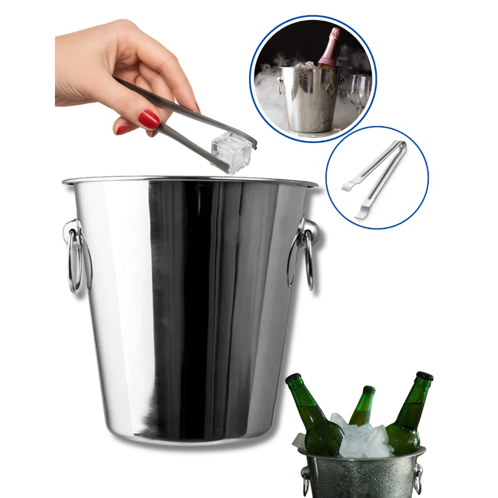 Balde Para Gelo e Cerveja Inox Champanheira Aço 4,5 Litros Prata resiste Acompanha pegador de gelo