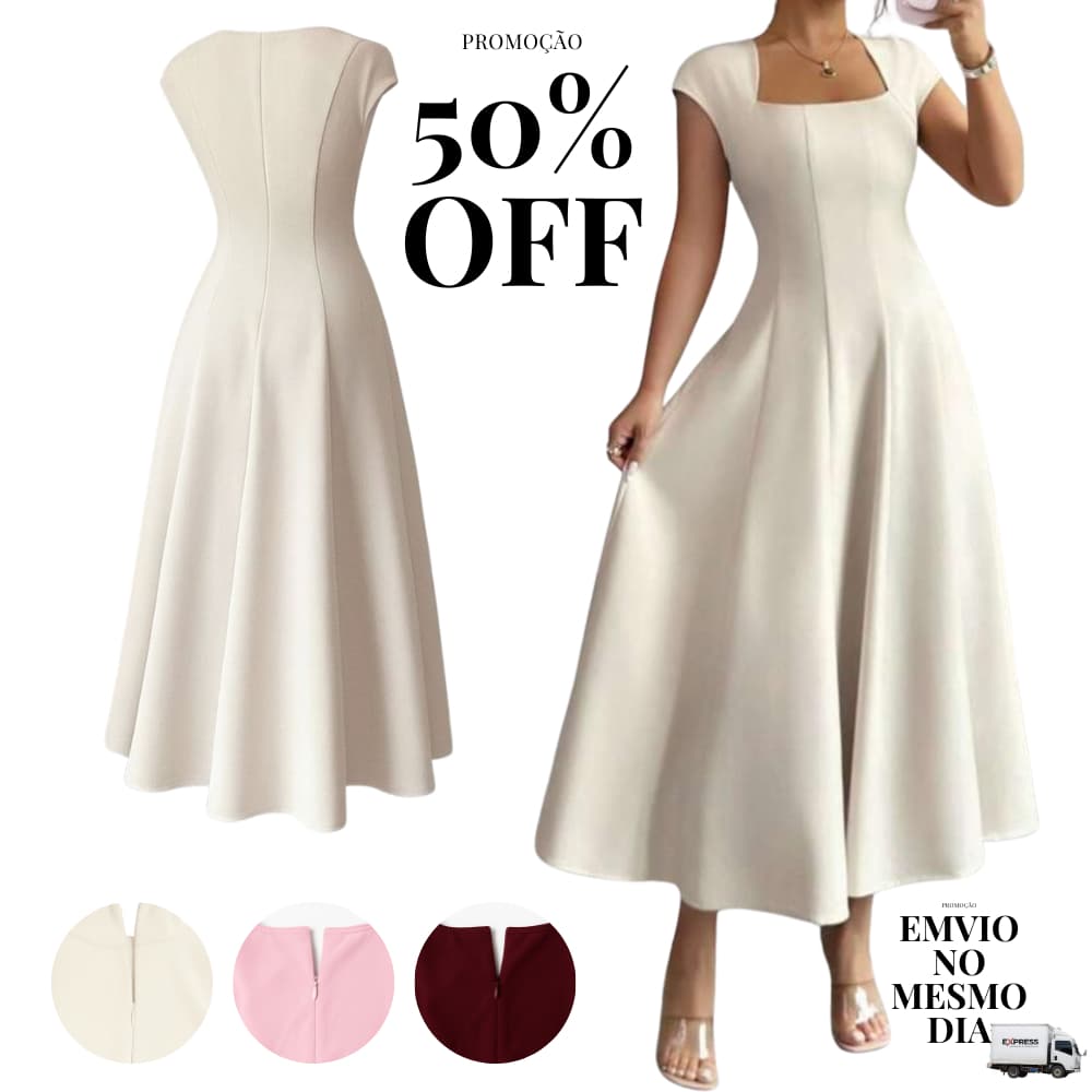 Vestido Mídi De Festa Elegante Feminino Alfaiataria Premium Decote Quadrado Moda Social Evangélico*.