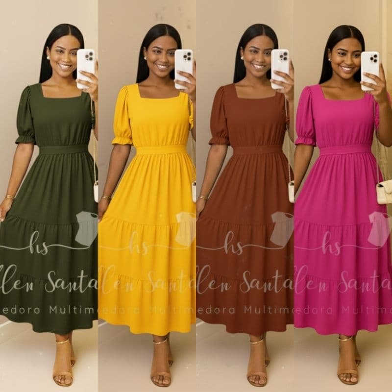 Vestido Feminino Charlotte Midi Manga Princesa Três Marias Moda Evangélica Com Faixa Cinto