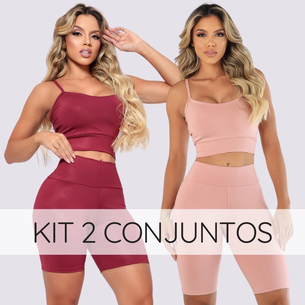 Kit 2 Conjuntos fitness feminino short bermuda top com bojo removivel Suplex academia treino corrida