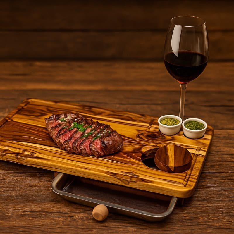 Tábua de Carne com Bandeja + Ramequim Madeira Teca
