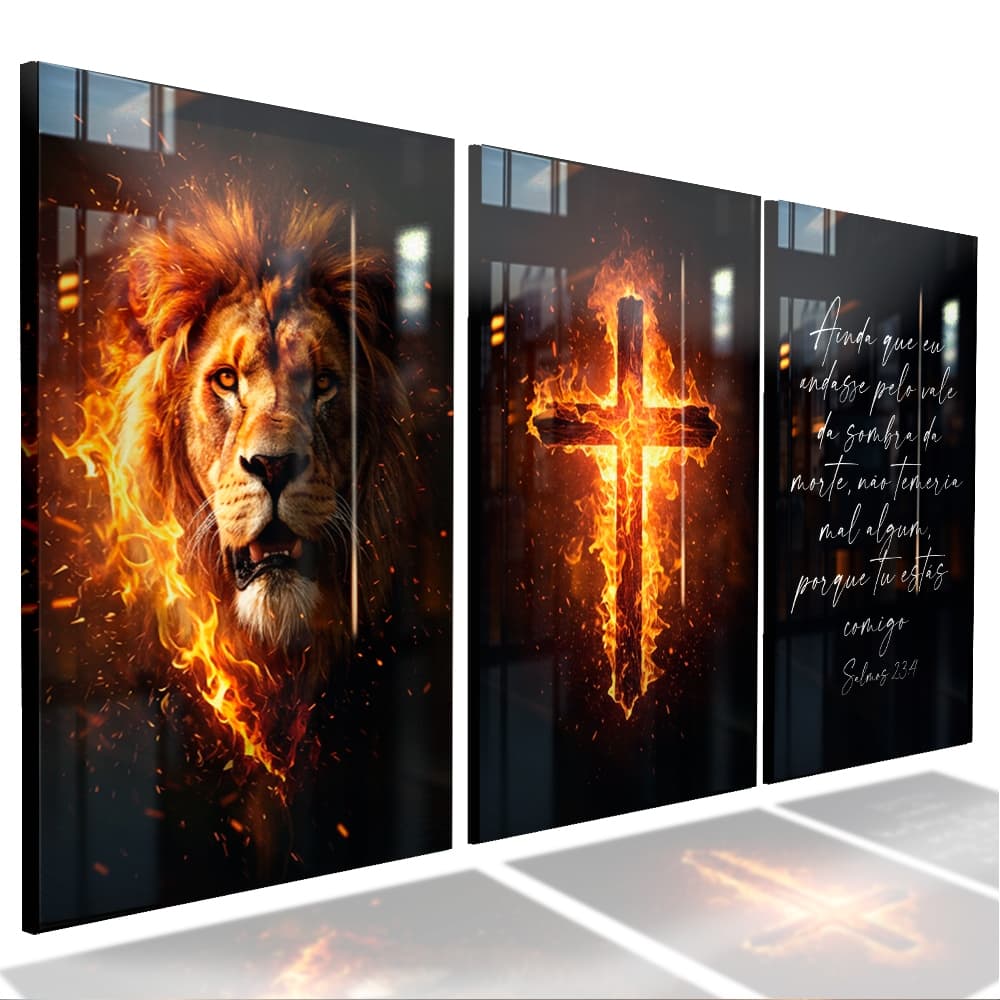 Quadro Decorativo Religioso Leão de Judá e Cruz