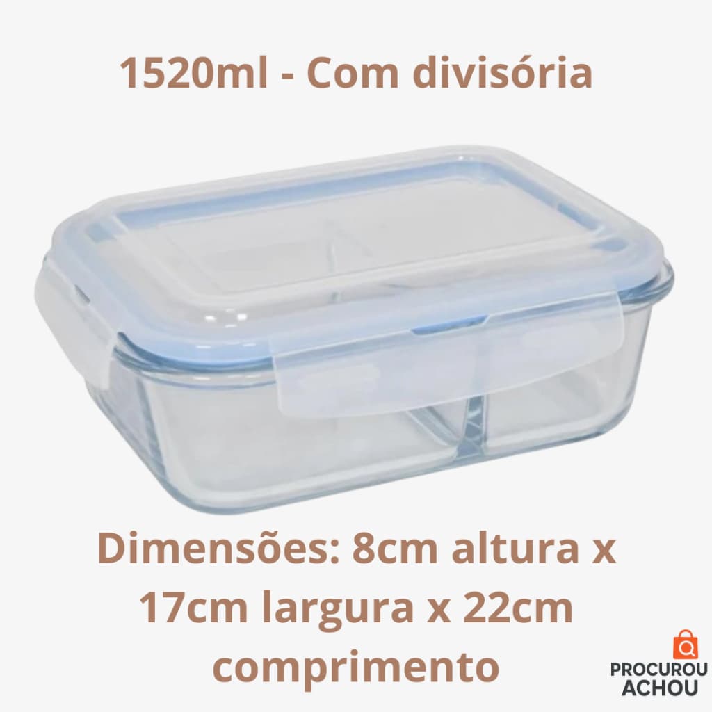 Pote de Vidro Hermético Marmita Tampa Azul 370ml 1040ml 1520ml Com Divisória Vedação de Silicone