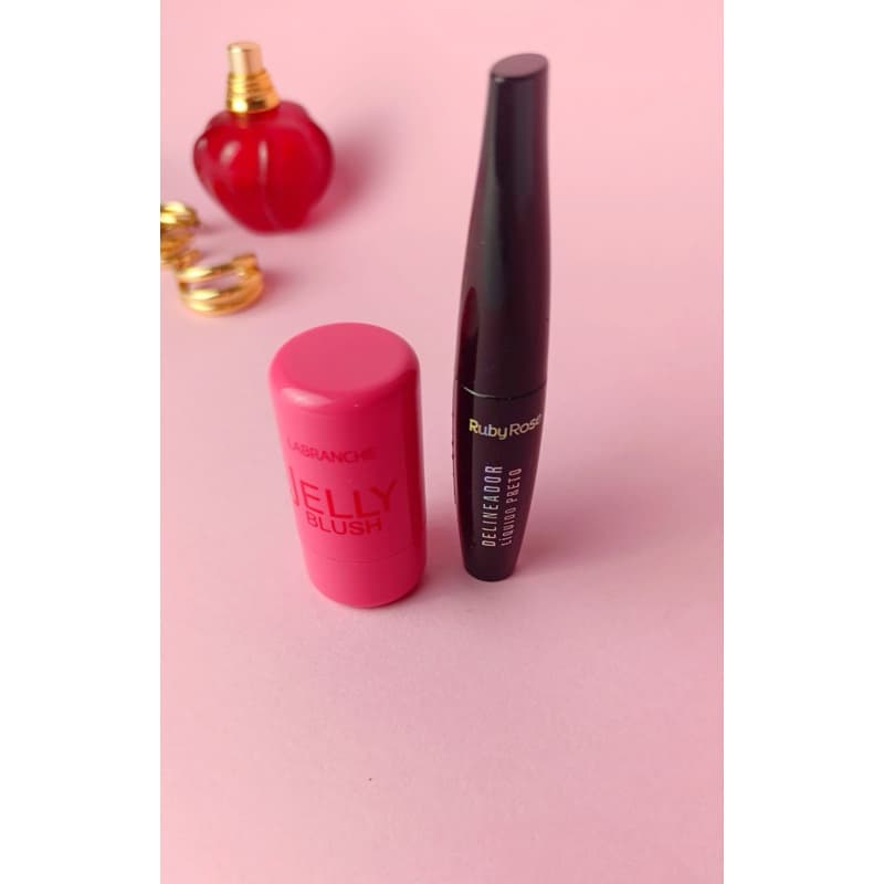 Kit Deliniador Preto RubyRose + Jelly Blush Olhos, Bochechas e Lábios - Alta Pigmentação - Maquiagem Natural Dia a Dia