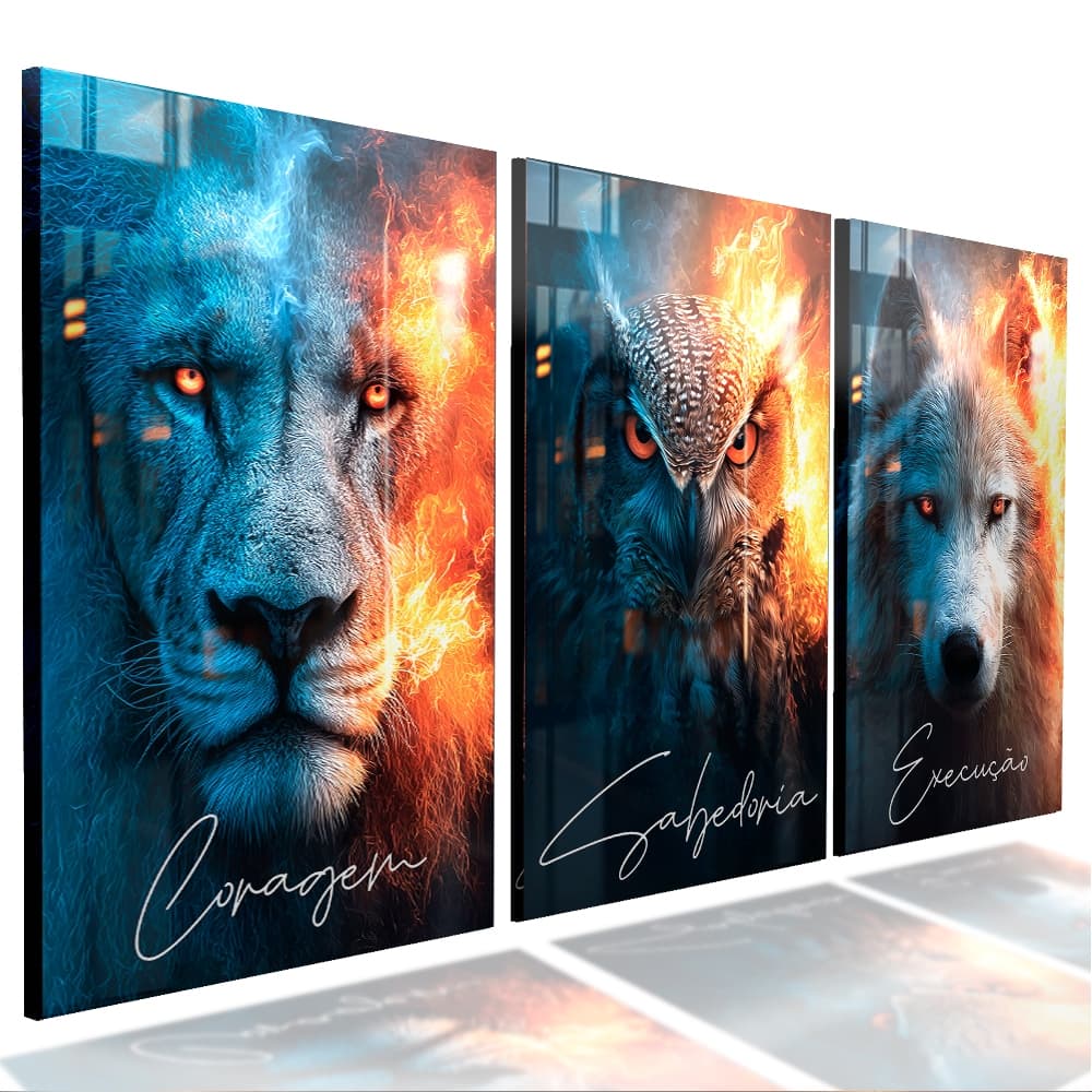 Quadro Decorativo 3 Peças Leão Coruja Lobo Coragem Sabedoria Execução