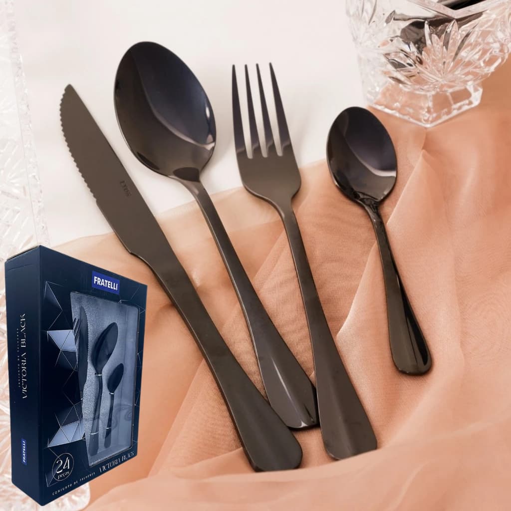 Faqueiro Aço Inox Preto 24 Peças Luxo Jogo Talheres Black Faca Garfo Colher Mesa moderna e Elegante