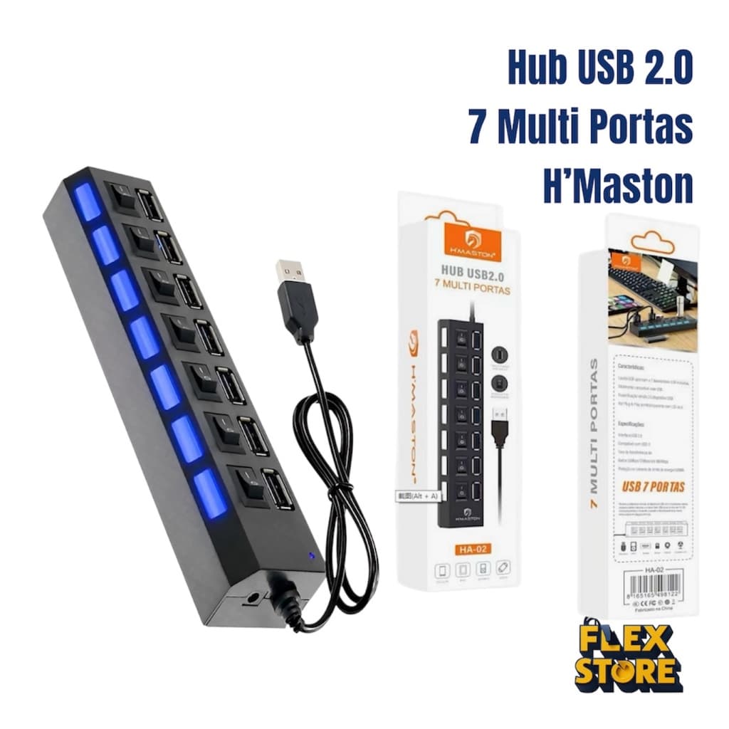 Hub USB 7 Portas 2.0 H’Maston HA-02 com Interruptor Independente e LED