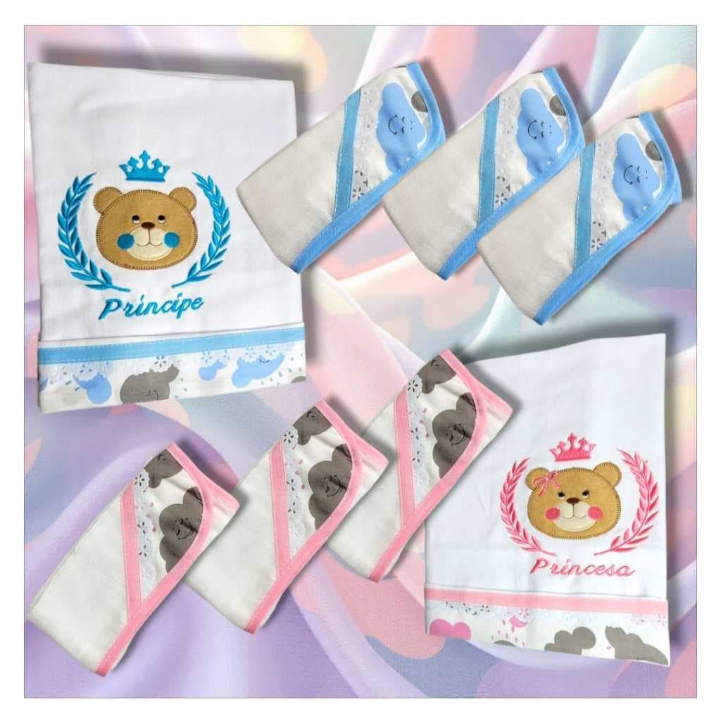 Kit 01 Cueiro Com 03 Fralda Ombro Algodão Tecido Fácil Absorção Bordado Flanelado Kit Cueiro Manta