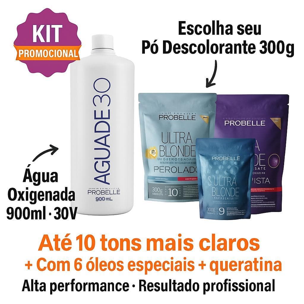 Pó Descolorante 300g Probelle escolha o seu + água oxigenada ox 30 volumes 900ml kit