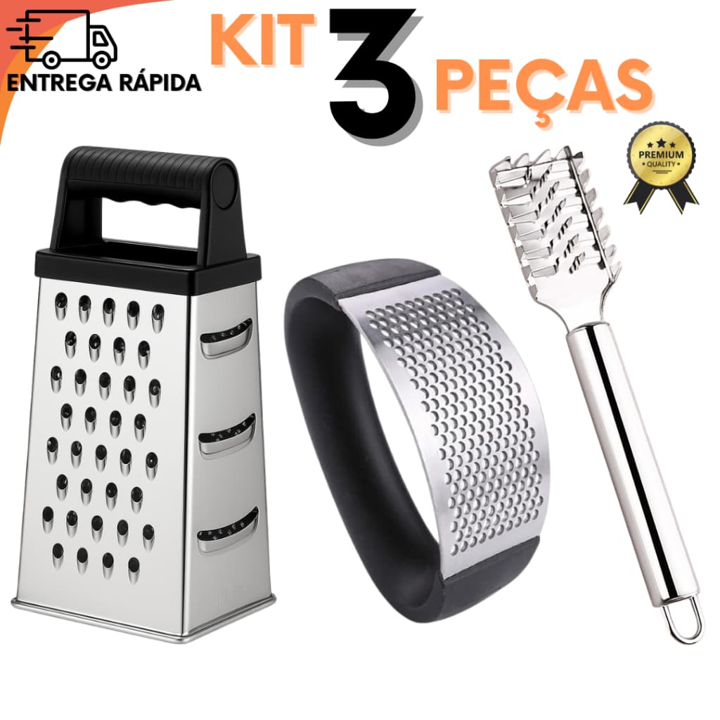 Kit Utensílios De Cozinha 3 Peças Inox Ralador de Legumes Amassador De Alho Descamador de Peixe