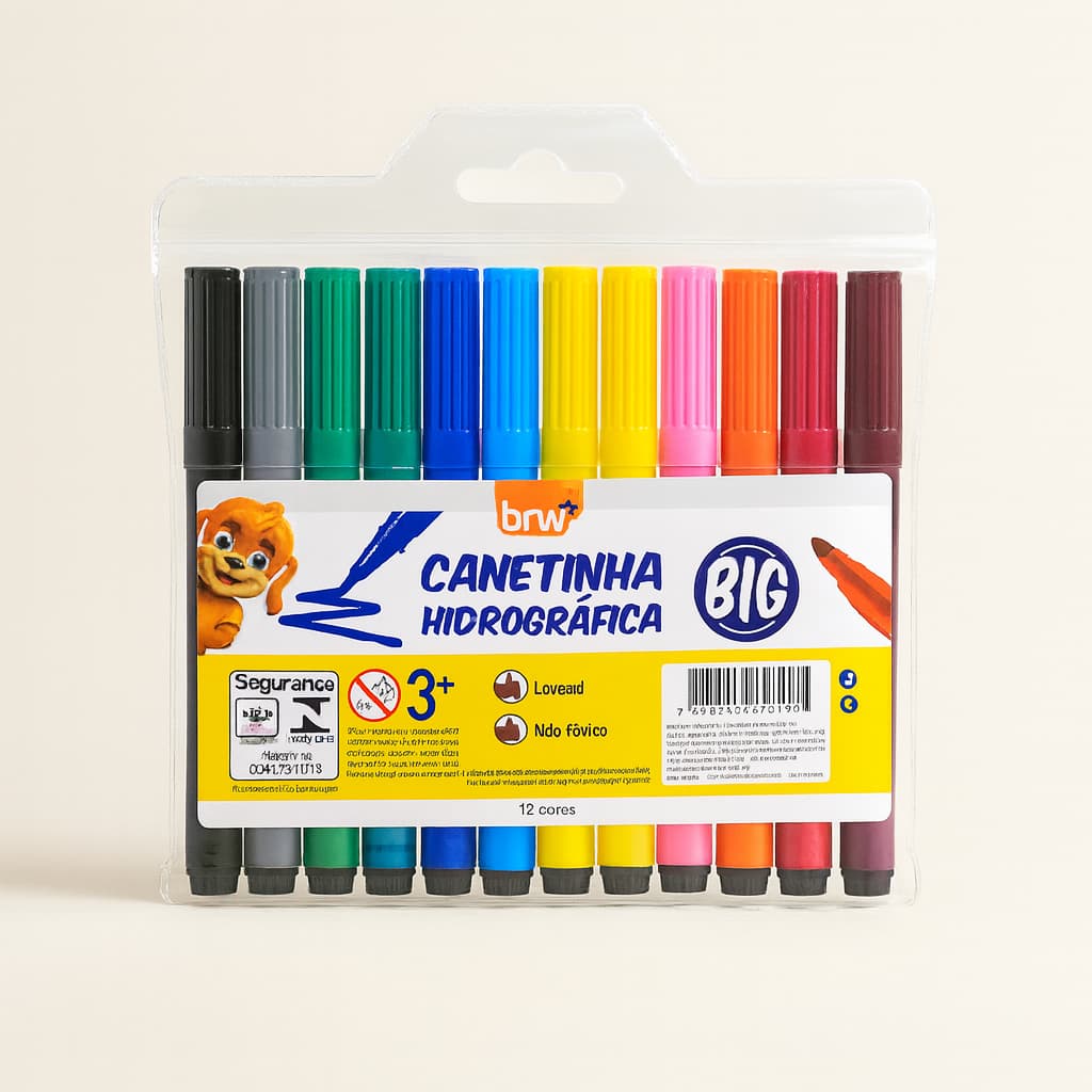 Canetinha Jumbo Escolar Caneta Hidrografica Hidrocor com 12 cores Arte Pintura Brw