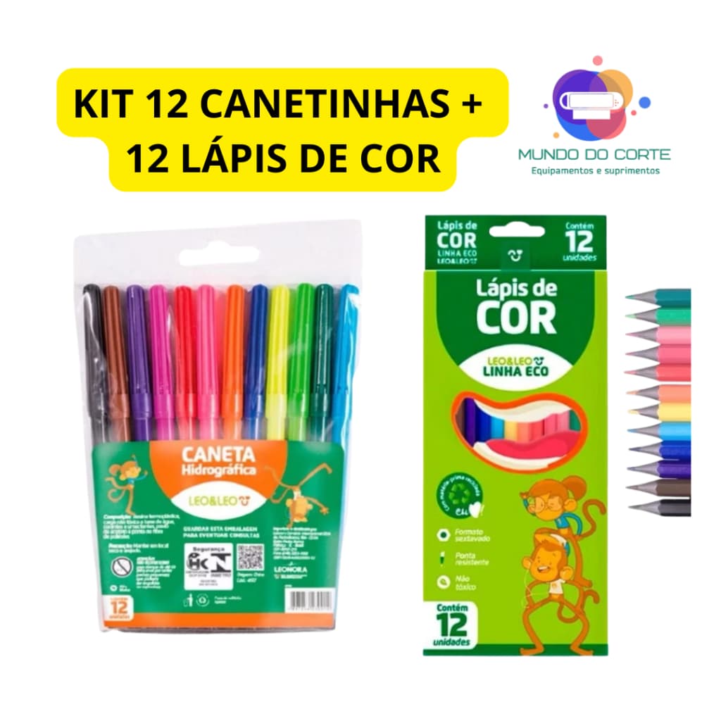 Kit Lápis de Cor 12 Cores Sextavado + 12 Canetinha Hidrográfica - Linha Eco Escolar Leo&Leo