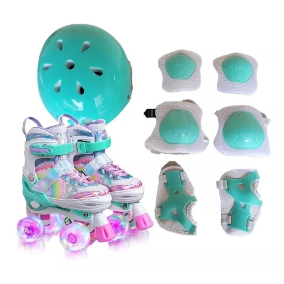 Patins Infantil Ajustavel De 4 Rodas Com LED Verde arco-iris Com Protecao Quad Criancas