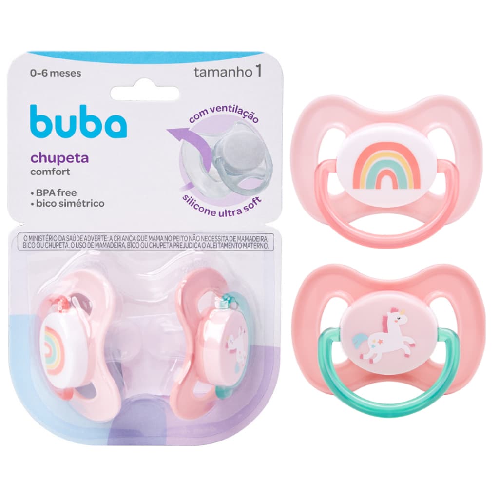 Kit Chupetas Tamanho 1 (+0 a 6 Meses) Unicórnio e Arco-íris Comfort Ultra Soft Rosa Delicado - Buba