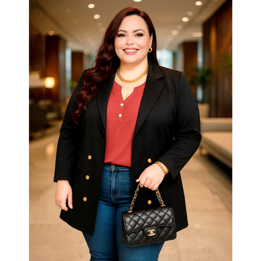 Blazer Plus Size Slim Neoprene Longo com Elastano Botão Dourado Luxo G1 G2 G3