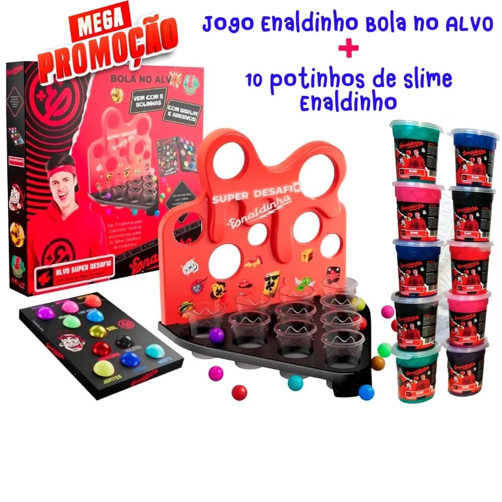 Jogo Enaldinho Bola no Alvo Super Desafio + 10 potinhos Slime com bolinha pula-pula colecionável