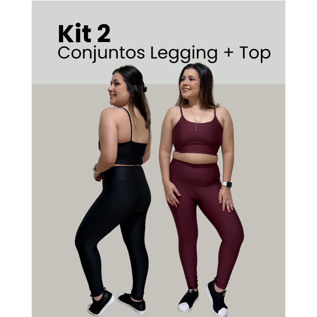 Kit 2 Conjuntos Fitness Feminino Legging Cós Alto + Top Alça Fina Zero Transparência Academia