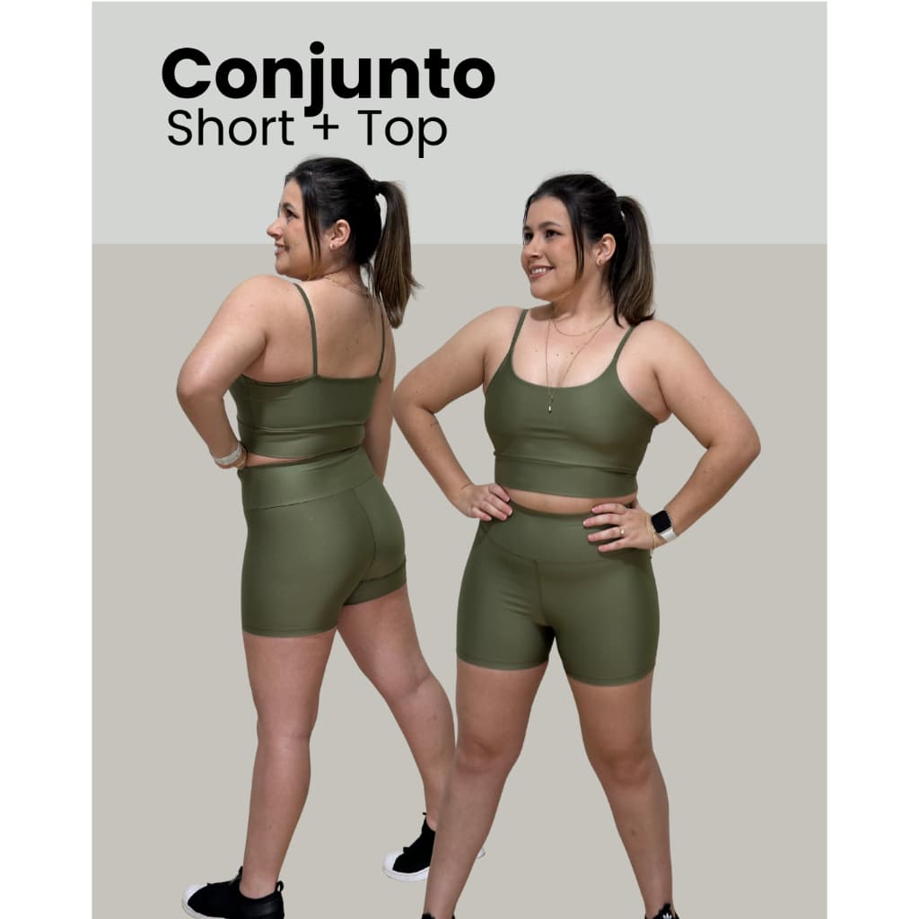 Conjunto Fitness Feminino Short Cós Alto + Top Alça Fina Zero Transparência Academia