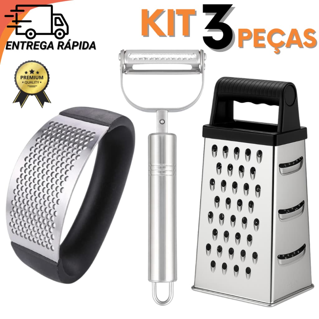 Kit 3 Peças Utensílios Inox Descascador de Legumes, Amassador de Alho e Ralador Multiuso