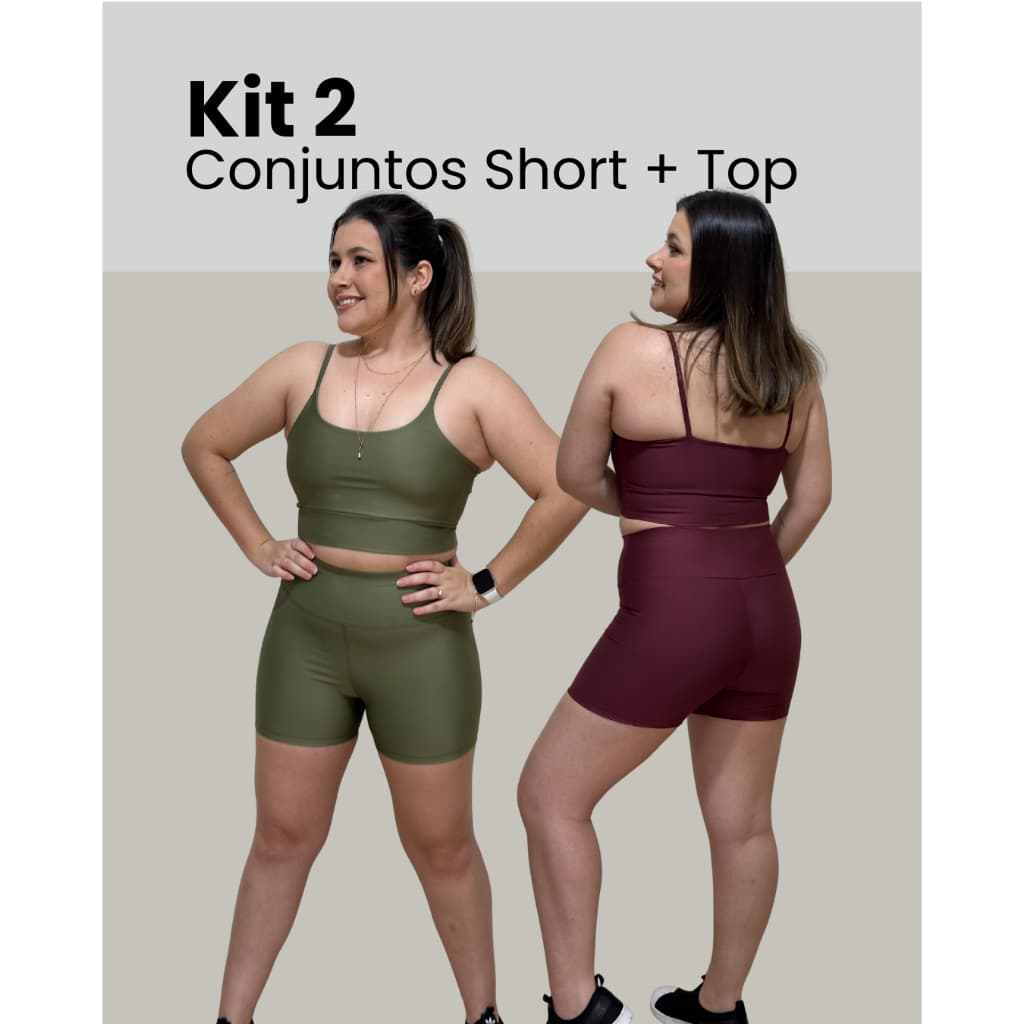 Kit 2 Conjuntos Fitness Feminino Short Cós Alto + Top Alça Fina Zero Transparência Academia