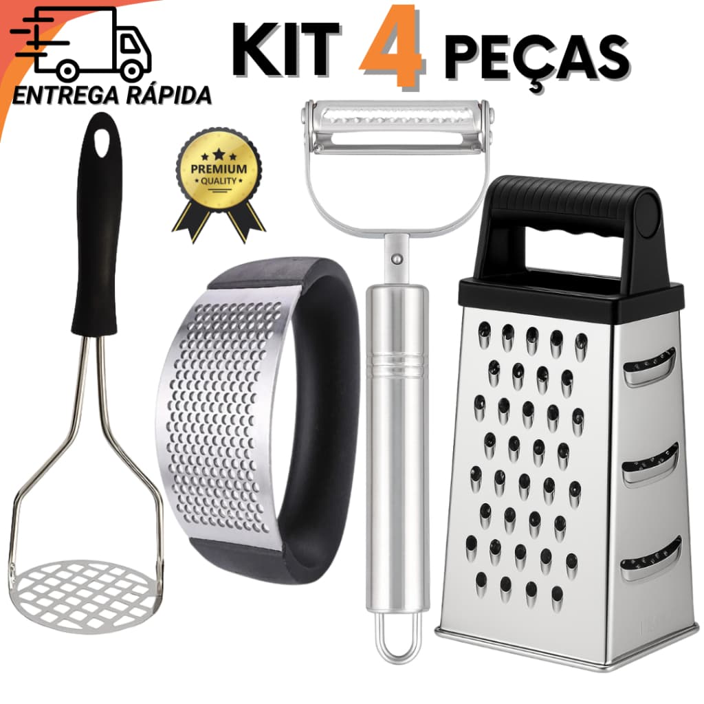 Kit Cozinha Prática 4 Peças Inox Amassador de Alho e Batata, Ralador e Descascador