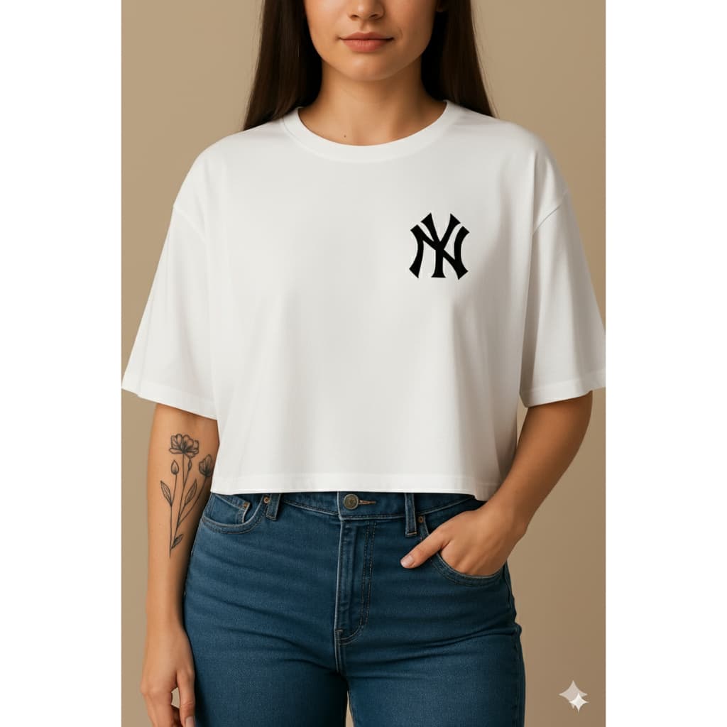 Croped Oversized de Algodão T-shirt Báscio Estampada New York Blusinha Feminina Streetwear